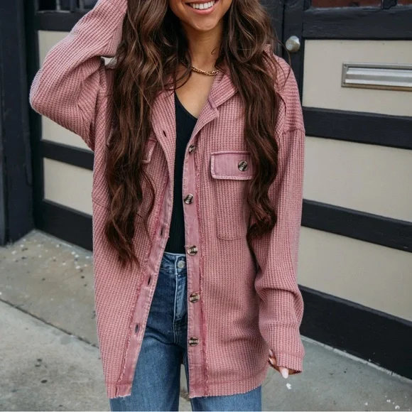 NWT Very J Mauve Thermal Waffle Knit Button Down Shacket Jacket Hoodie Hoody - Picture 2 of 11